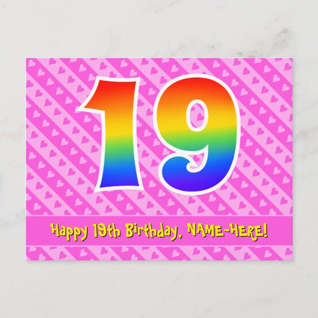 19th Birthday: Pink Stripes & Hearts, Rainbow 19 Postcard (Front)