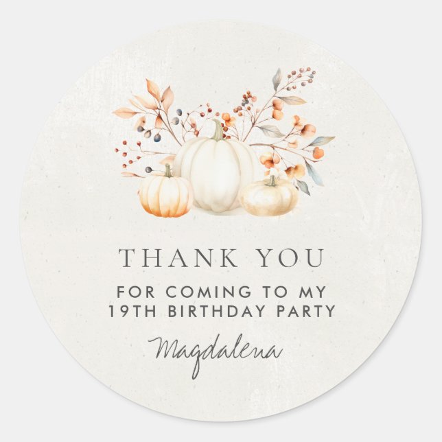 19th Birthday Pumpkin Thank You Favour Classic Round Sticker (Front)