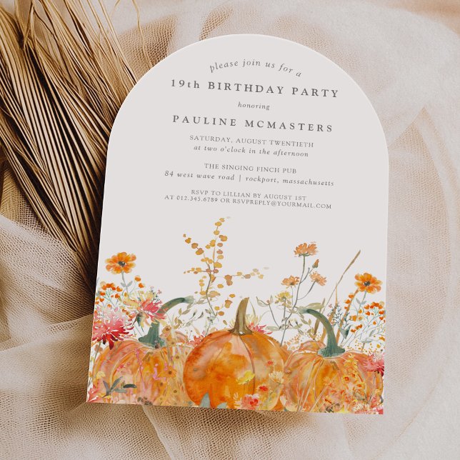 19th Birthday Pumpkin Wildflower Fall Watercolor Invitation (Creator Uploaded)