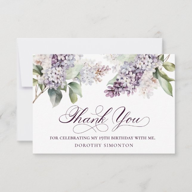 19th Birthday Purple Lilac Spring Flower Thank You Card (Front)