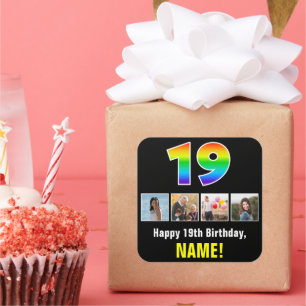 19th Birthday: Rainbow “19”; Custom Photos & Name Square Sticker