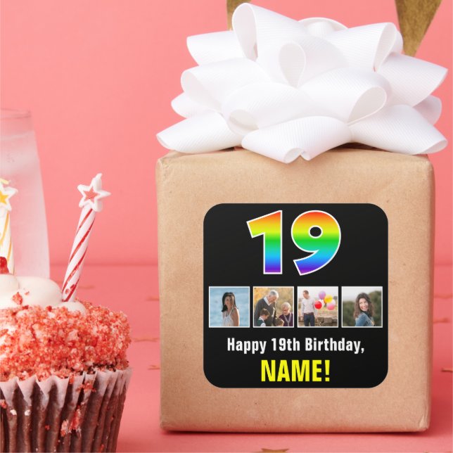 19th Birthday: Rainbow “19”; Custom Photos & Name Square Sticker (Party)