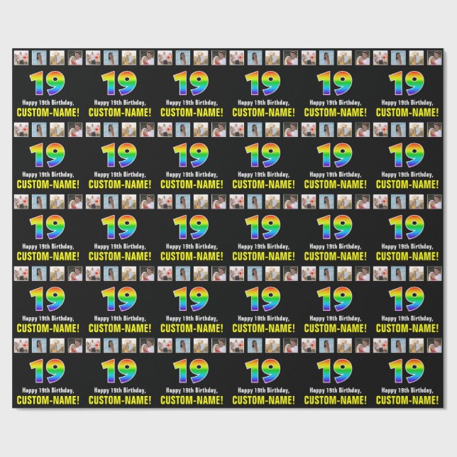 19th Birthday: Rainbow “19“; Custom Photos & Name Wrapping Paper (Flat)