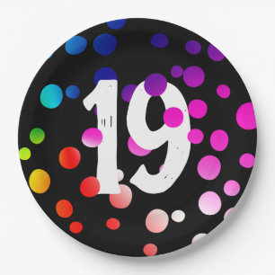 19th Birthday Rainbow Dots on Black Paper Plate