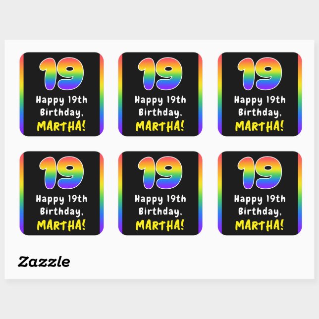 19th Birthday: Rainbow Spectrum # 19, Custom Name Square Sticker (Sheet)