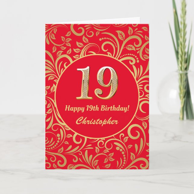 19th Birthday Red and Gold Floral Pattern Card (Front)