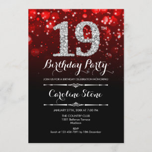19th Birthday - Red Black Silver Invitation