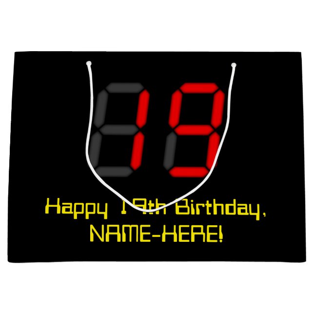 19th Birthday: Red Digital Clock Style "19" + Name Large Gift Bag (Front)