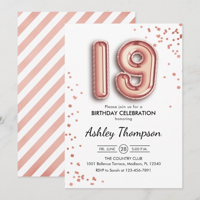 19th Birthday - Rose Gold Balloons Invitation (Front/Back)