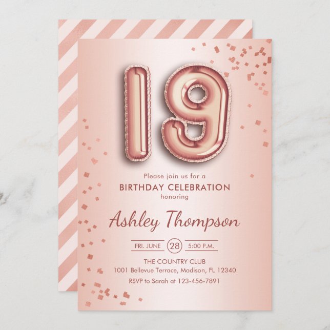 19th Birthday - Rose Gold Balloons Invitation (Front/Back)