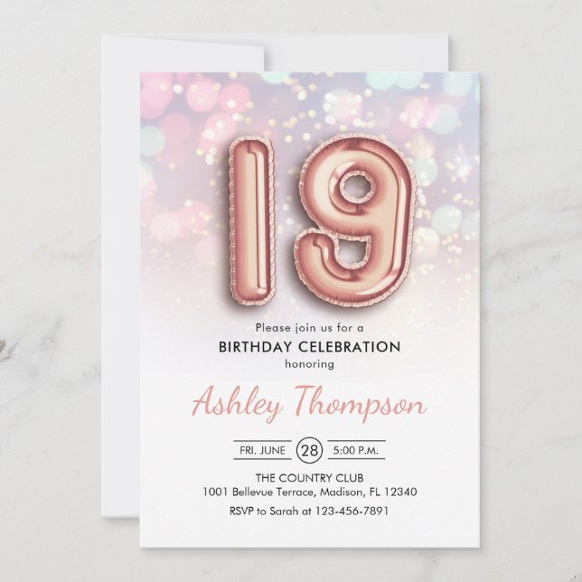 19th Birthday - Rose Gold Balloons Pink Lights Invitation (Front)