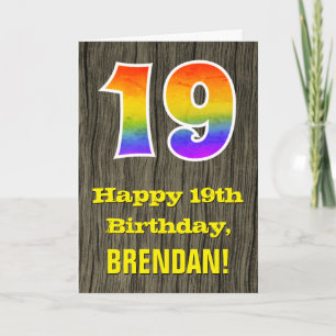 19th Birthday: Rustic Faux Wood Look, Rainbow "19" Card