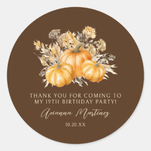 19th Birthday Rustic Pumpkin Fall Thank You Favour Classic Round Sticker