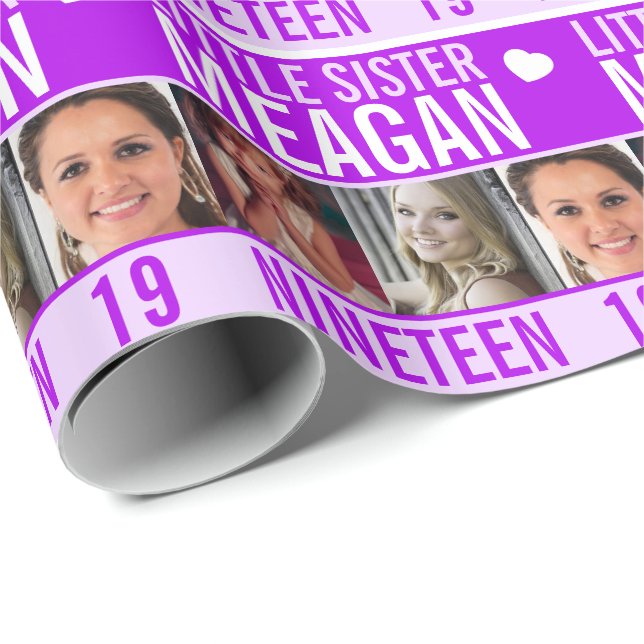 19th birthday three photos purple little sister wrapping paper (Roll Corner)