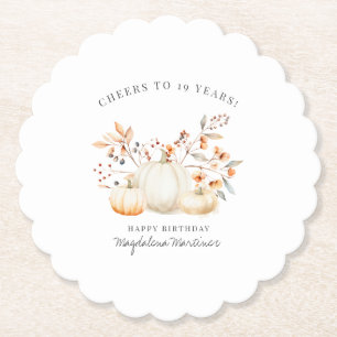 19th Birthday White Pumpkin Fall Leaves Custom Paper Coaster