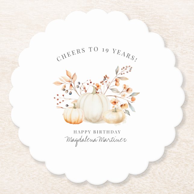19th Birthday White Pumpkin Fall Leaves Custom Paper Coaster (Front)