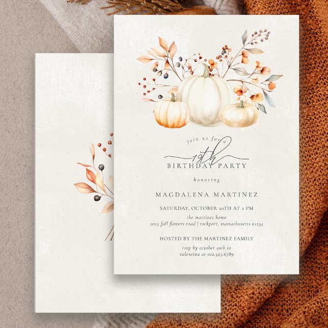 19th Birthday White Pumpkin Fall Leaves Elegant Invitation (Creator Uploaded)