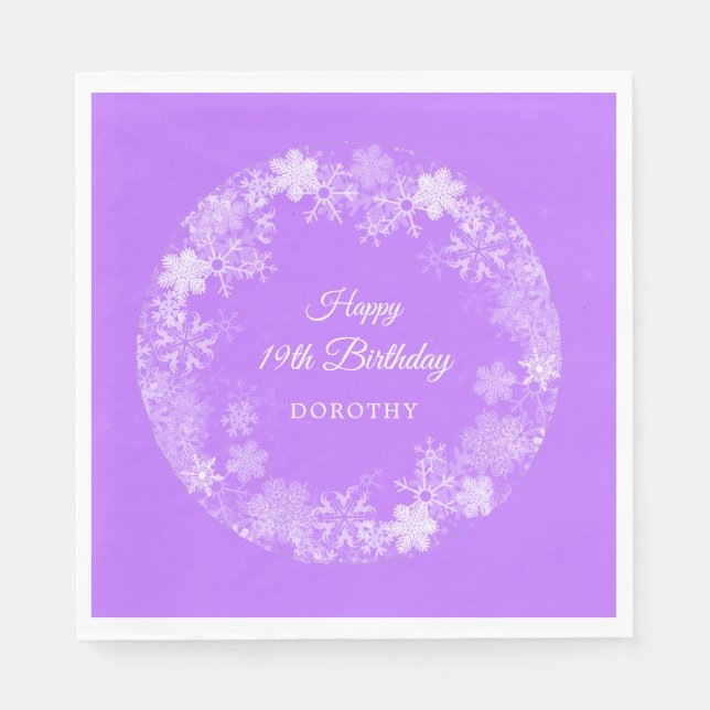 19th Birthday Winter Wonderland Snowflake Purple Napkin (Front)
