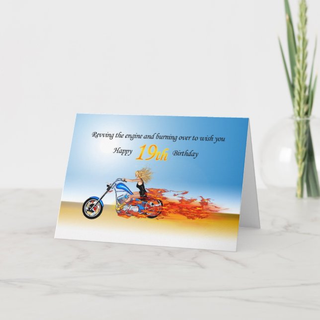 19th Birthday with a Flaming Motorcycle Card (Front)