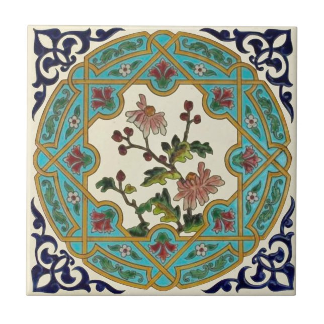 19th Century Aesthetic Floral Longwy Repro Tile (Front)