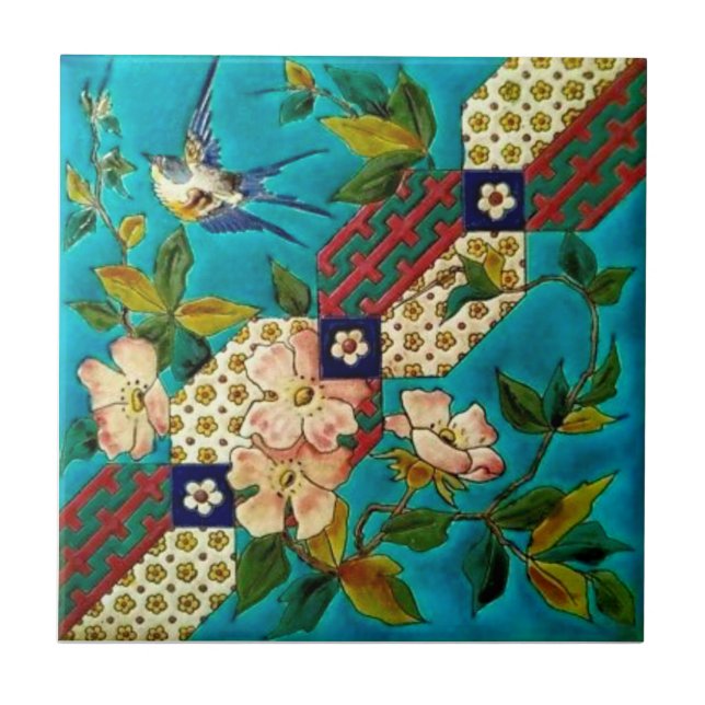19th Century Aesthetic Longwy Bird Dogwood Repro Tile (Front)