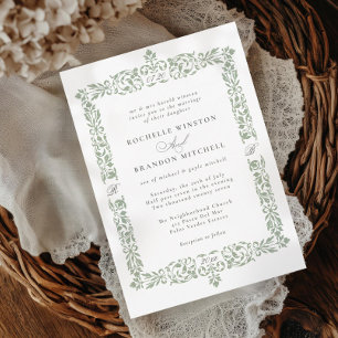 19th Century Antique Ornate Border Sage Green Invitation