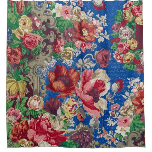 19th Century Flower Pattern Antique Blue Chintz Shower Curtain