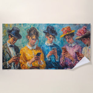 19th Century People Using Smartphones Beach Towel