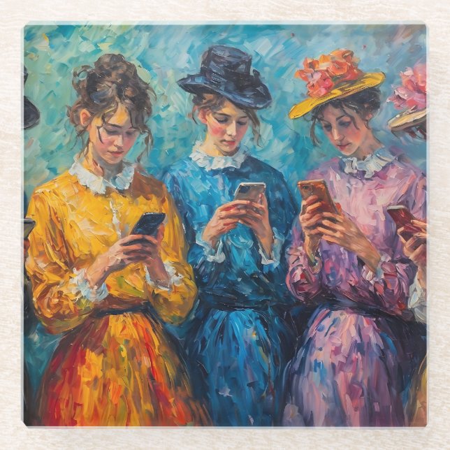 19th Century People Using Smartphones Glass Coaster (Front)