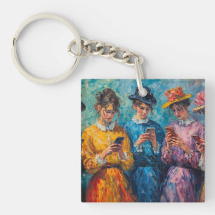 19th Century People Using Smartphones Key Ring