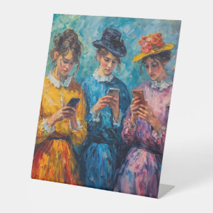 19th Century People Using Smartphones Pedestal Sign