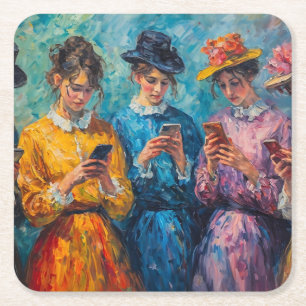 19th Century People Using Smartphones Square Paper Coaster