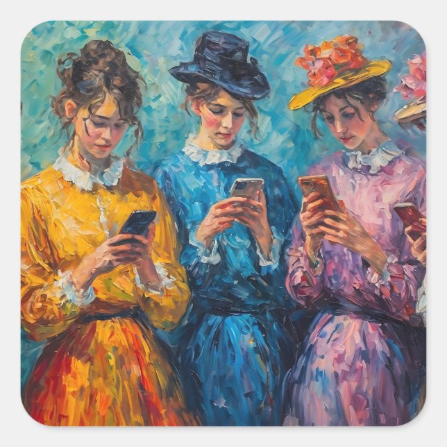 19th Century People Using Smartphones Square Sticker (Front)