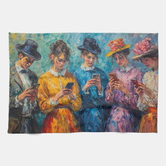 19th Century People Using Smartphones Tea Towel