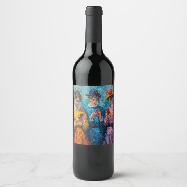 19th Century People Using Smartphones Wine Label (Front)