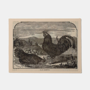 19th century print black Hamburg hen and rooster Doormat