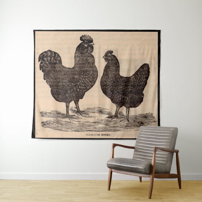 19th century print Plymouth Rock hen and rooster Tapestry (In Situ (Horizontal))