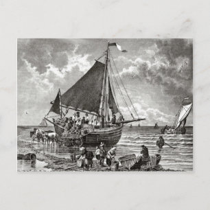 19th century Schweningen, unloading a fishing boat Postcard