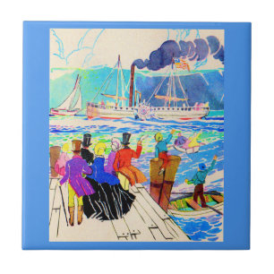 19th century yacht race print tile