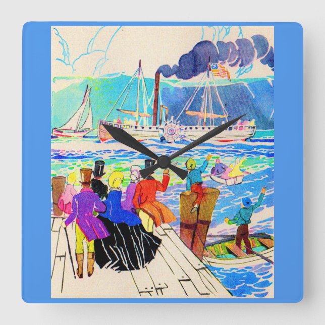 19th century yacht race square wall clock (Front)