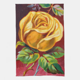 19th-Century Yellow Pearl Rose Illustration Tea Towel