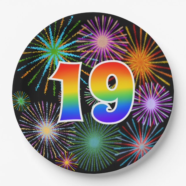 19th Event - Fun, Colourful, Bold, Rainbow 19 Paper Plate (Front)