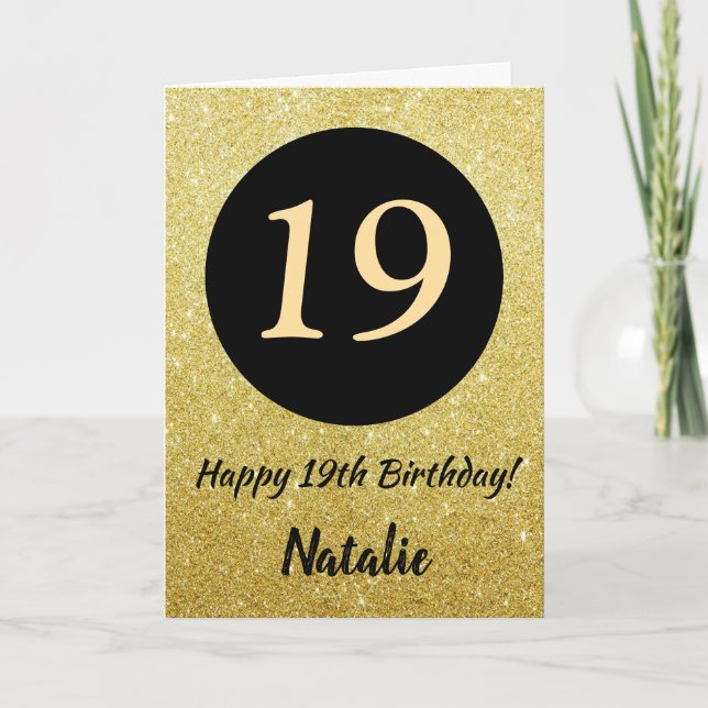 19th Happy Birthday Black and Gold Glitter Card (Front)