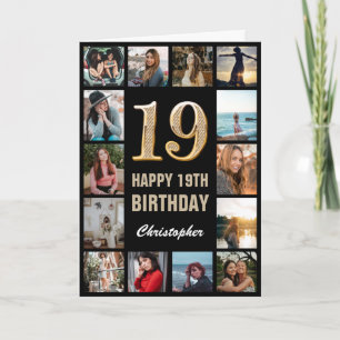 19th Happy Birthday Black and Gold Photo Collage Card