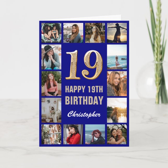 19th Happy Birthday Navy Blue & Gold Photo Collage Card (Front)
