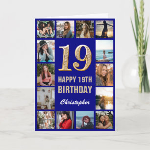 19th Happy Birthday Navy Blue & Gold Photo Collage Card