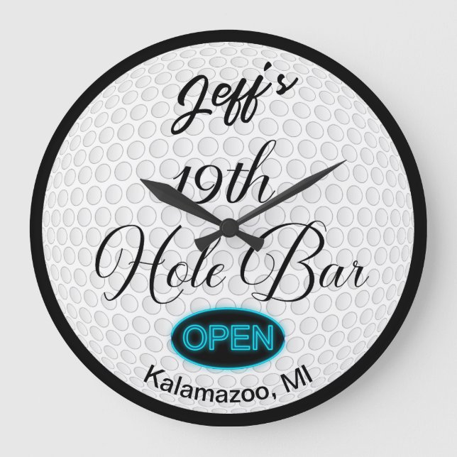 19th Hole Bar Personalised Golf Ball Design Bar  Large Clock (Front)