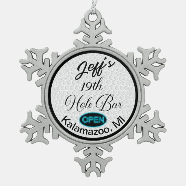 19th Hole Bar Personalised Golf Ball Design Bar  Snowflake Pewter Christmas Ornament (Front)