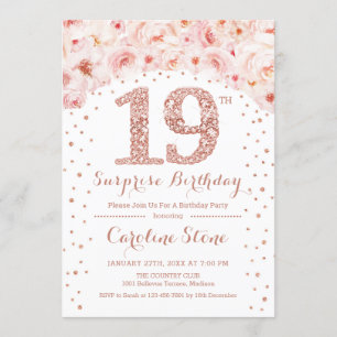 19th Surprise Birthday Party - White Rose Gold Invitation