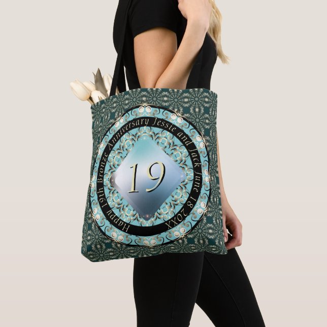 19th Wedding Anniversary Acquamarine MedallionText Tote Bag (Close Up)